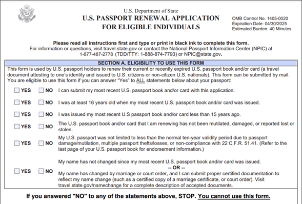 Requisitos para la renovación del pasaporte de Estados Unidos a través del Formulario DS-82