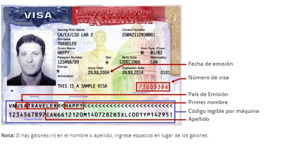 Visa de muestra para llenar el formulario I-94